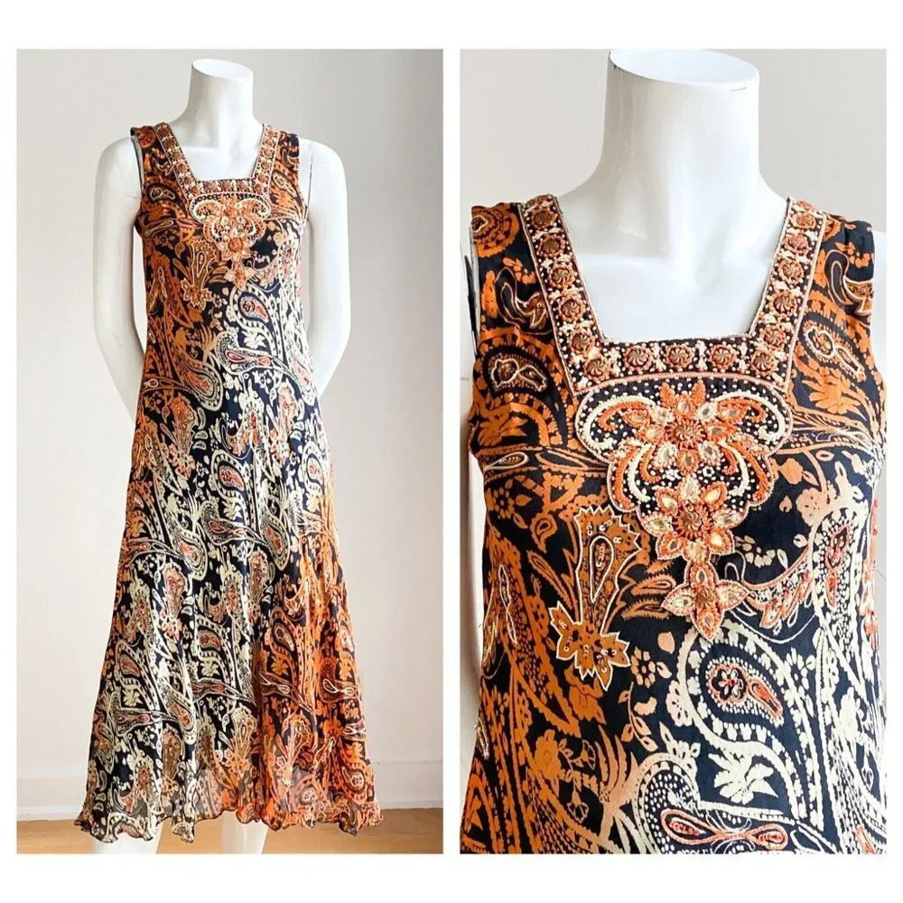 Vintage Bias Cut Paisley Print Midi Dress W Beaded Detail S